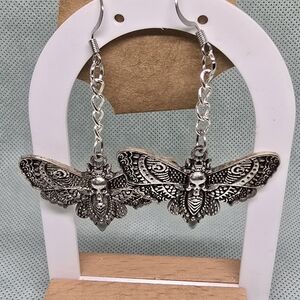 Intricate Silver Moth Earrings with Chain Links
